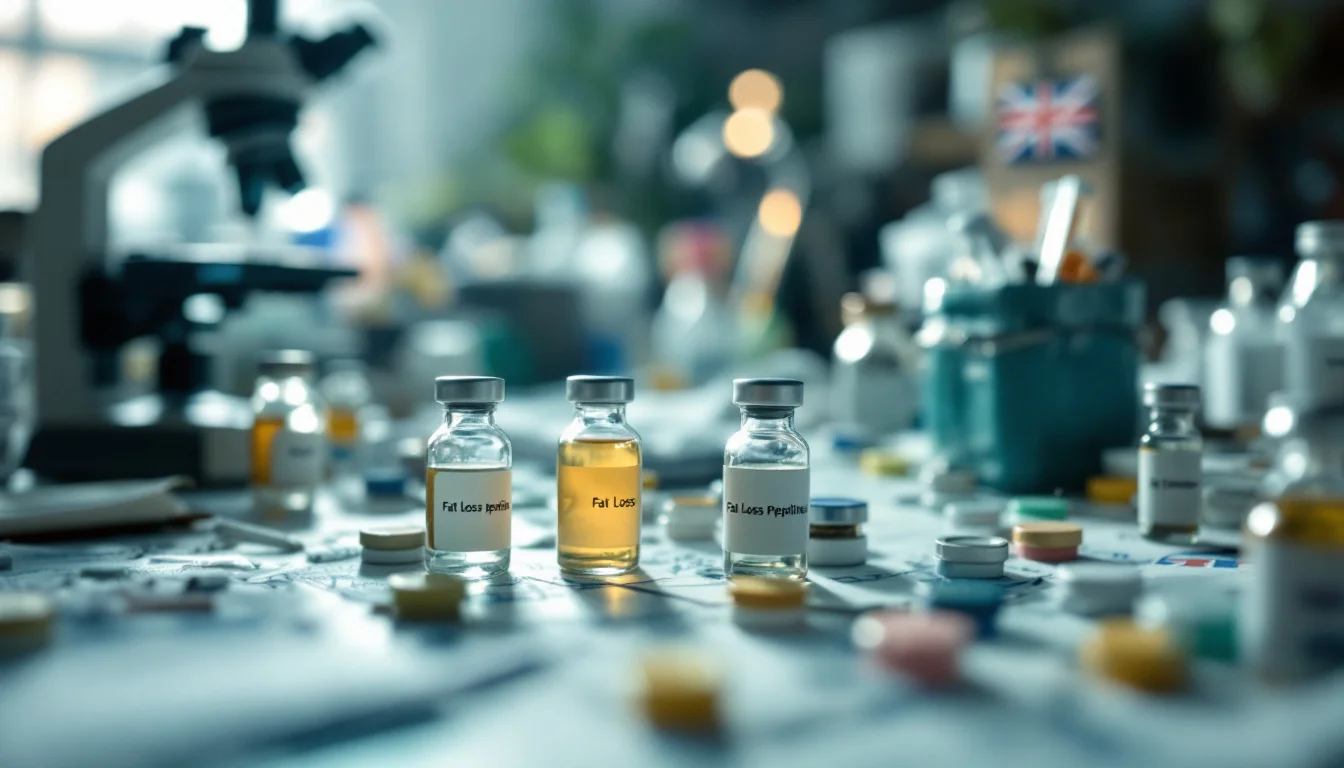 Research Peptides For Fat Loss UK â€” Macro shot of vials and containers labelled for fat loss peptide research on a l