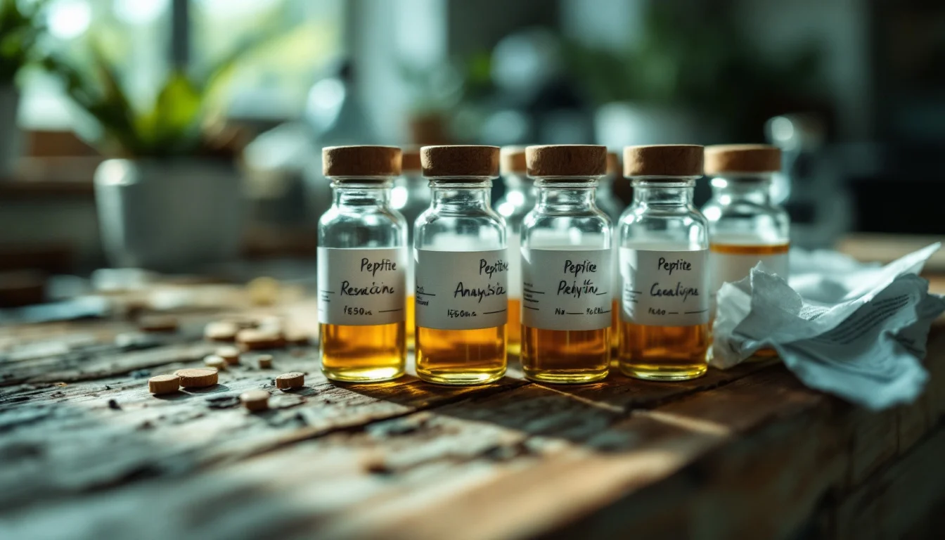 Where To Find Research Peptides UK â€” A close-up shot of several labelled research peptide vials and a certificate of