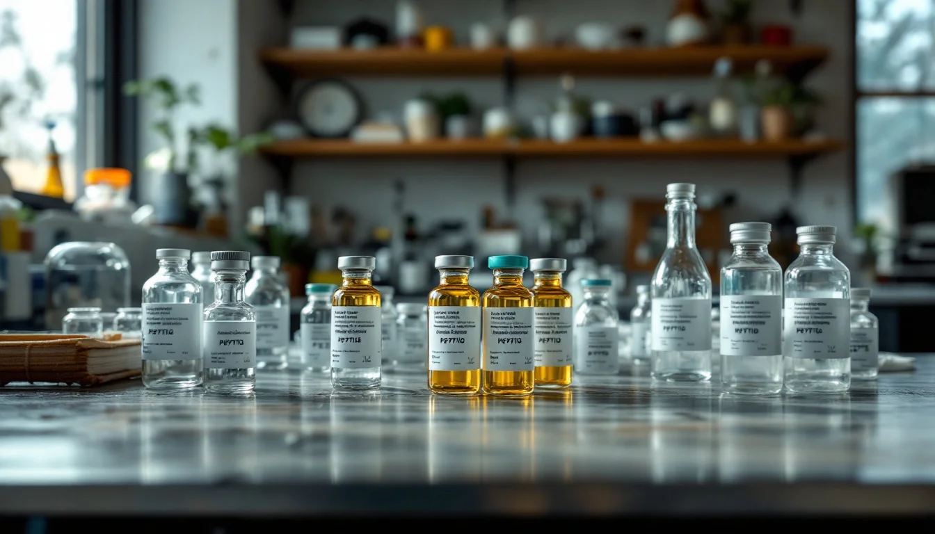 Research Peptides For Anti-aging UK — Macro shot of high-purity peptide vials being prepared on a laboratory bench for Research Peptides For Anti-aging UK — Macro shot of high-purity peptide vials being prepared on a laboratory bench for