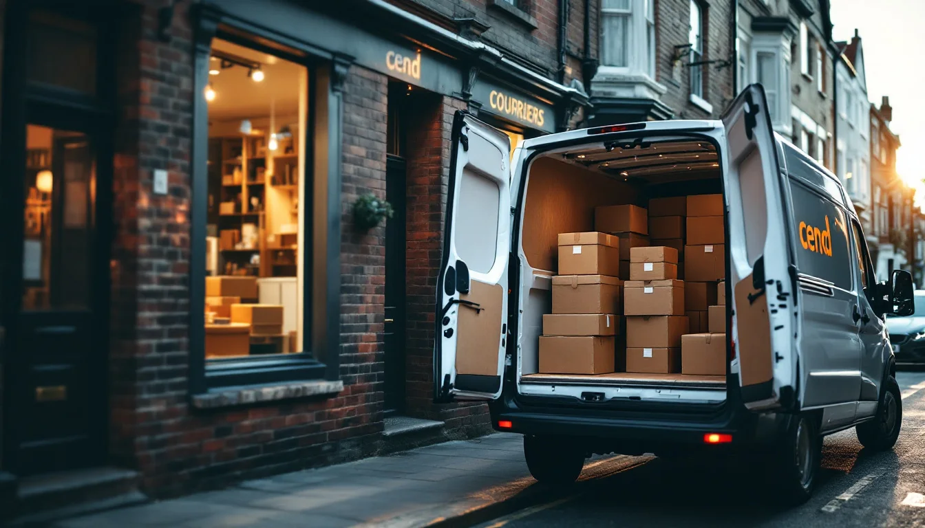 Same Day Delivery Costs Manchester — A branded Cend Couriers van parked on a bustling Manchester street as the driver