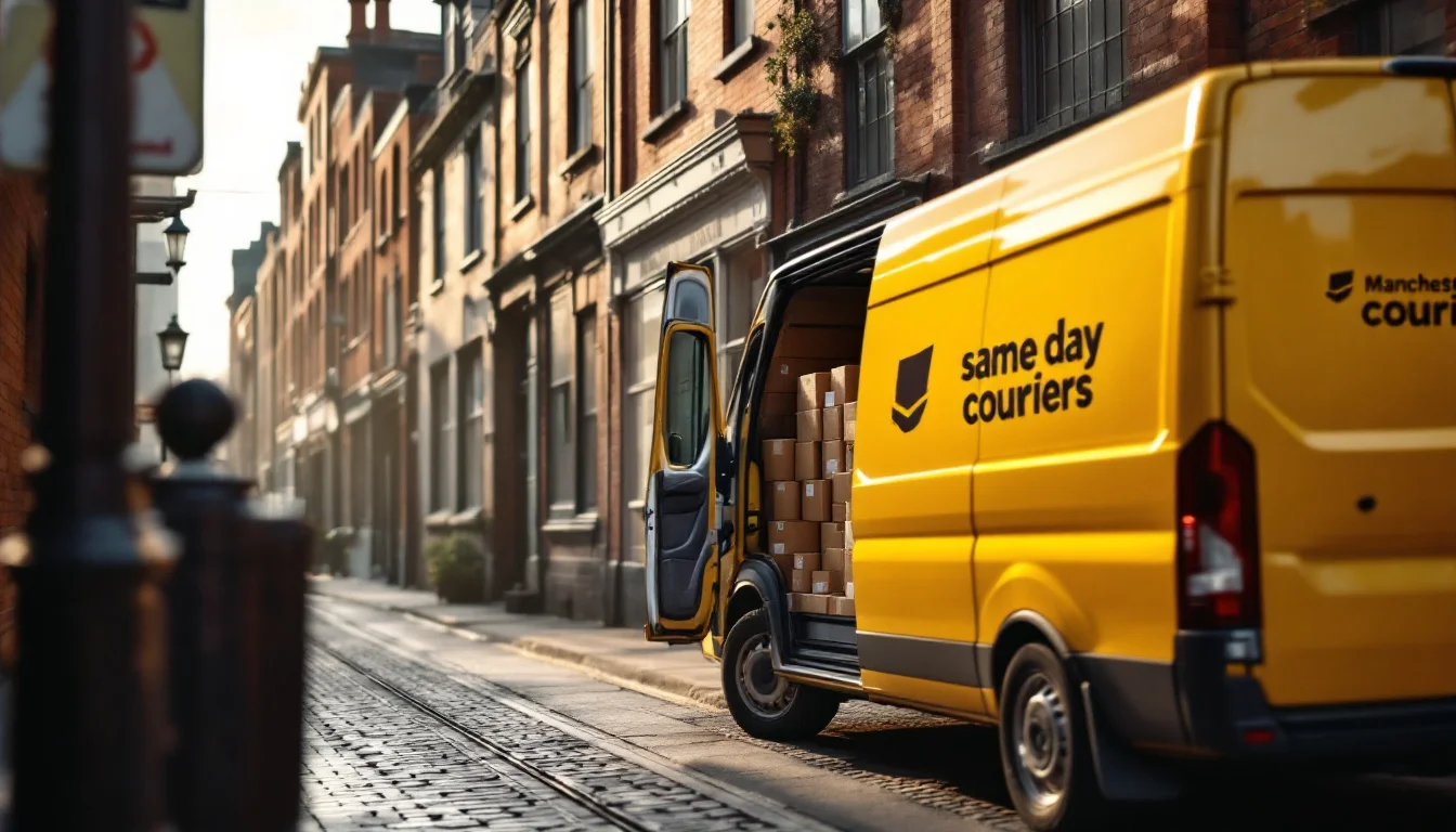 Manchester Same Day Courier — A courier loading urgent parcels into a branded van near a Manchester city centr