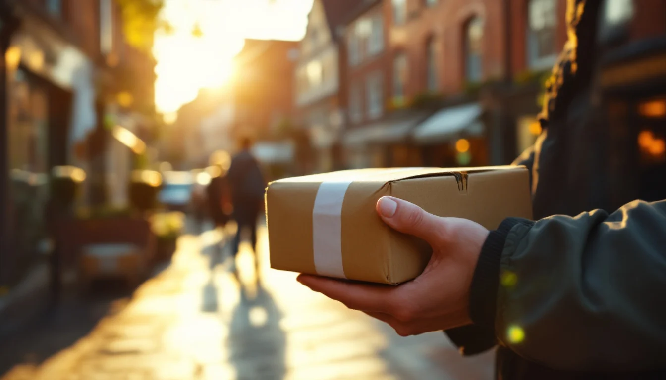 Same Day Delivery Costs Manchester — A courier using a handheld device to scan a package in a modern Manchester busin