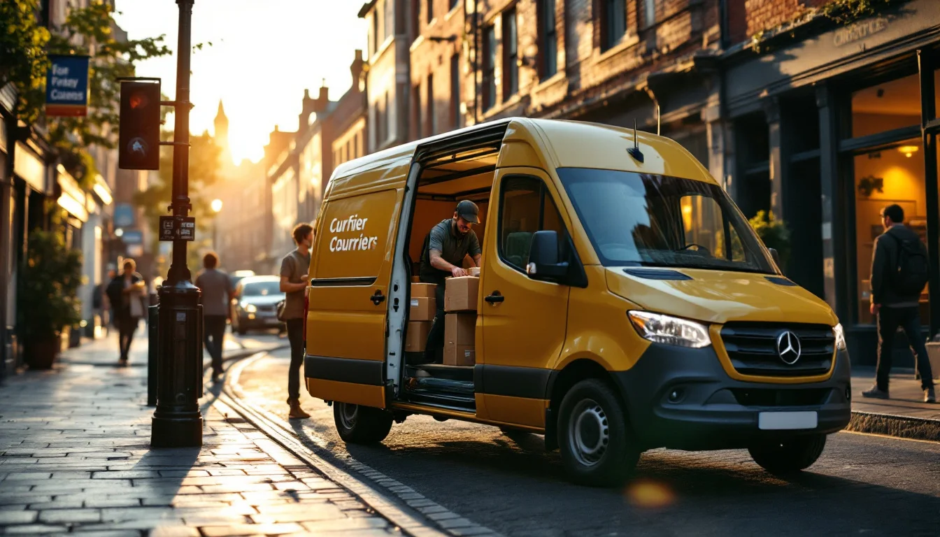 Compare Courier Services In Manchester — A branded courier van navigating Manchester’s bustling city centre, with drive Compare Courier Services In Manchester — A branded courier van navigating Manchester’s bustling city centre, with drive