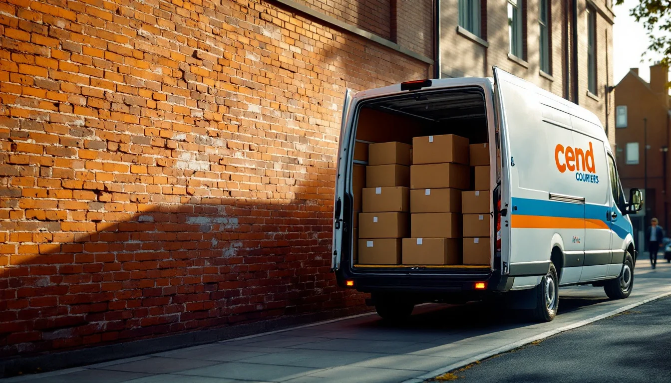 Book Courier Online — A Cend Couriers van parked outside the University of Manchester, with a courier 