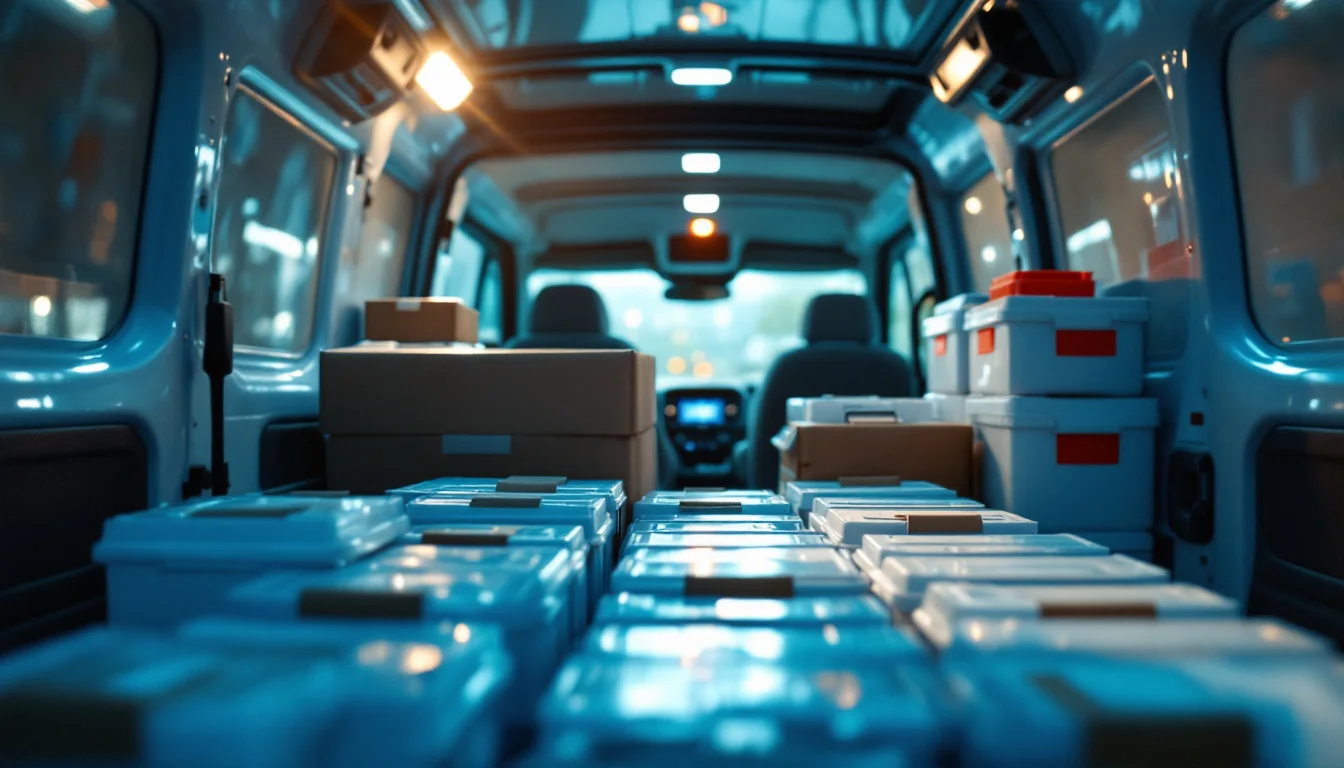 Emergency Medical Courier Service â€” A courier loads temperature-controlled medical samples into a specialised van at
