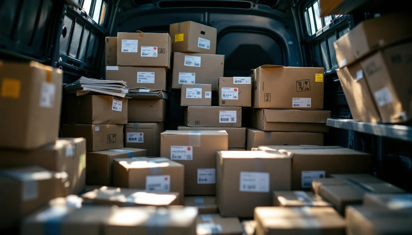 Multi Drop Delivery Service Manchester — A courier driver arranging labelled parcels in the back of a delivery van outsid Multi Drop Delivery Service Manchester — A courier driver arranging labelled parcels in the back of a delivery van outsid
