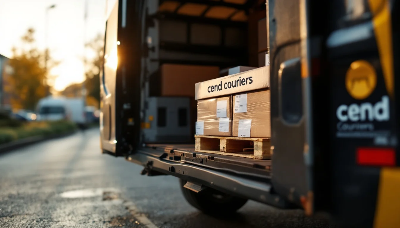 5 Reasons To Choose Cend Couriers For Same Day Delivery — A Cend Couriers van parked at a busy Manchester business park as a courier loads