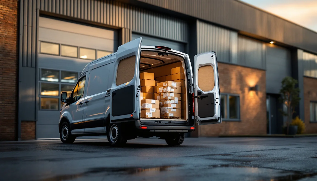 Same Day Courier Oldham — A courier van branded with Cend Couriers being loaded outside a modern Oldham wa Same Day Courier Oldham — A courier van branded with Cend Couriers being loaded outside a modern Oldham wa