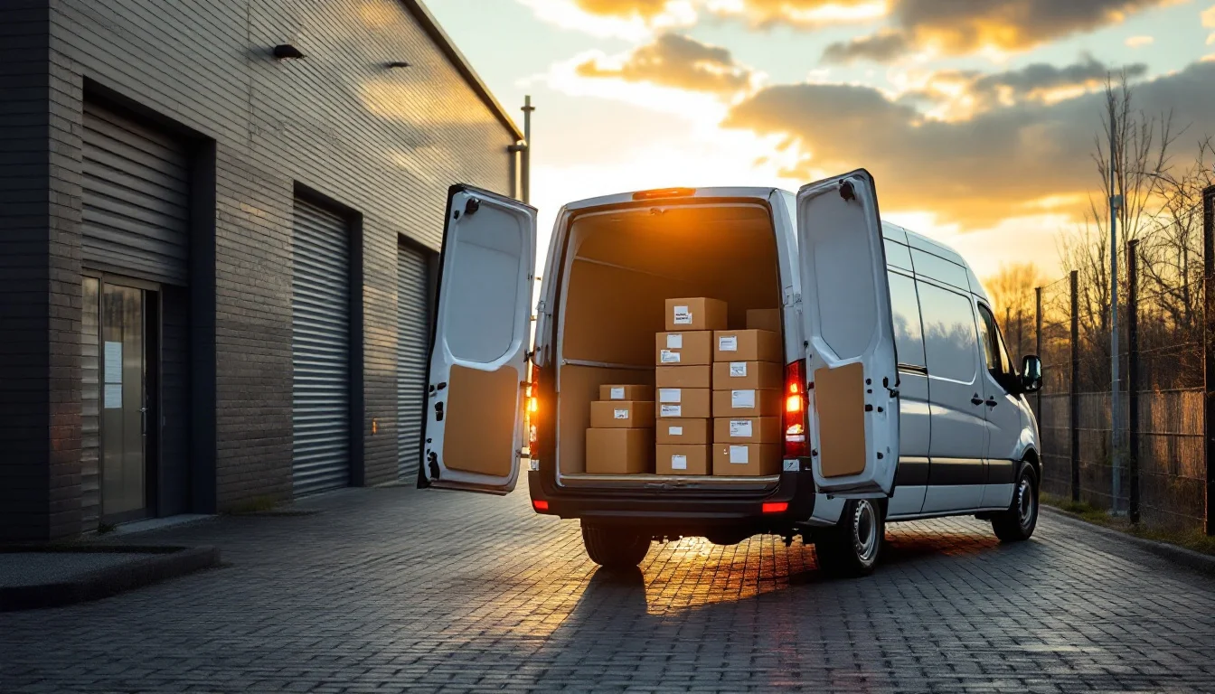 Same Day Courier Blackburn — A uniformed courier loading a secure package into a branded van outside a modern Same Day Courier Blackburn — A uniformed courier loading a secure package into a branded van outside a modern