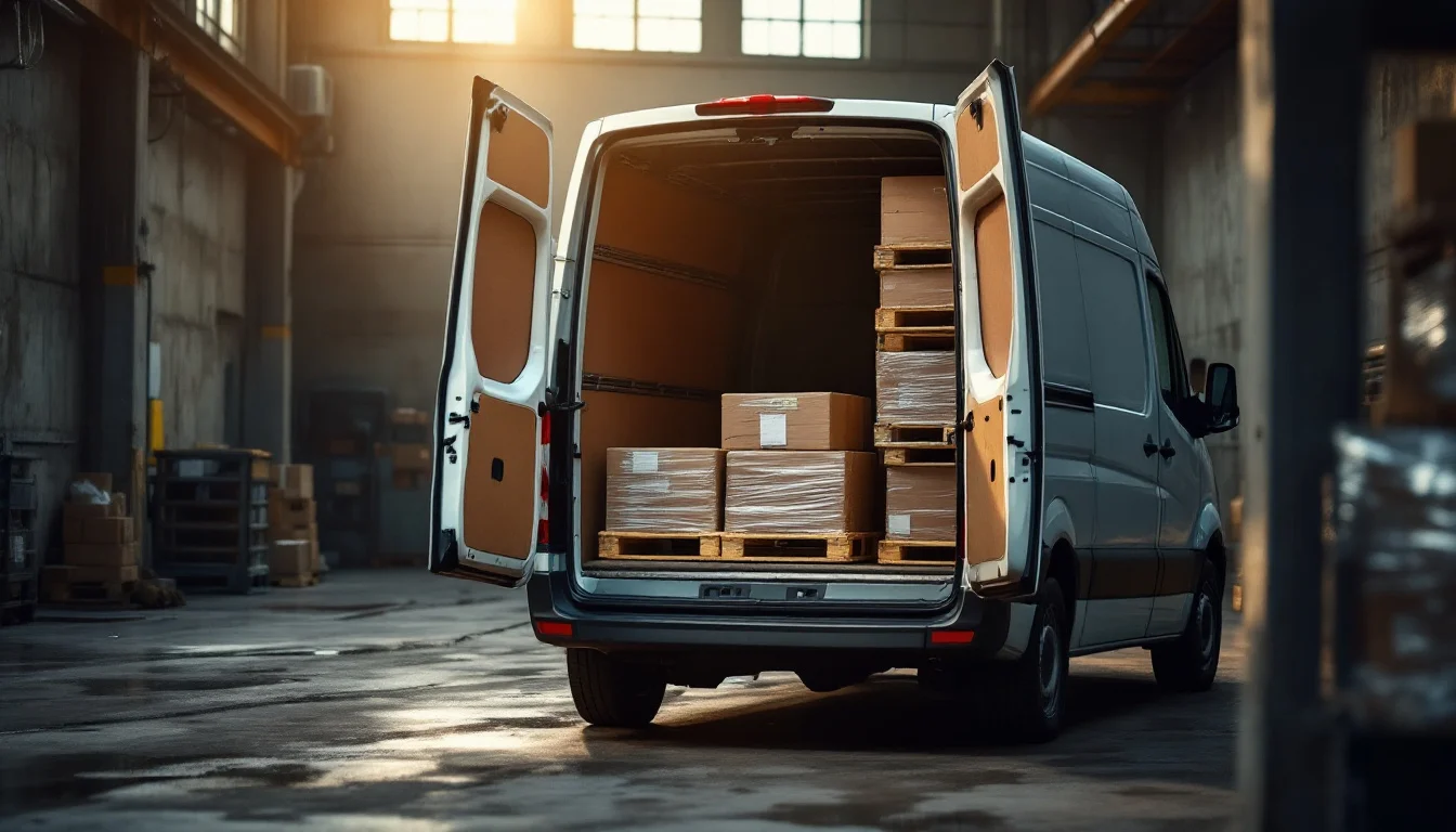 Same Day Courier Stockport — A dedicated courier van parked next to stacked pallets in a Stockport warehouse, Same Day Courier Stockport — A dedicated courier van parked next to stacked pallets in a Stockport warehouse,