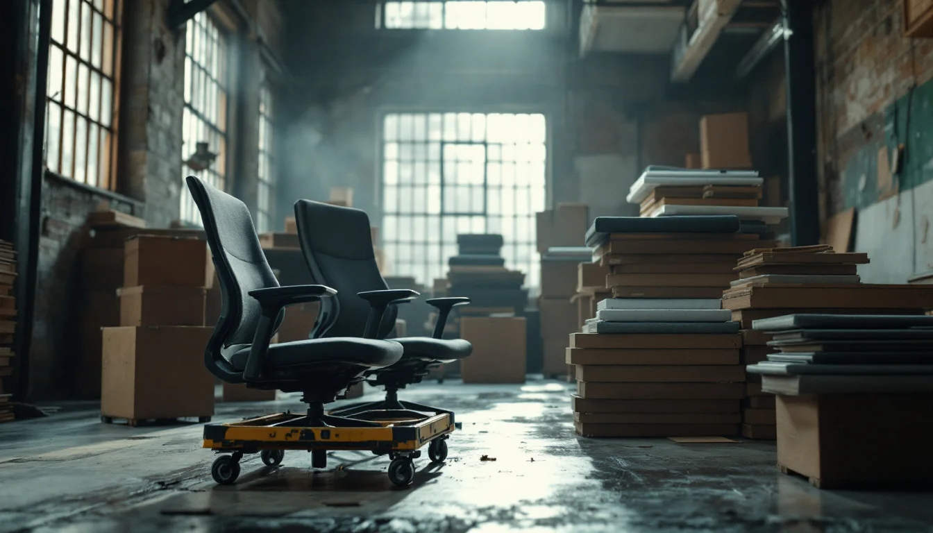 Affordable Office Moves London — A City Office Moves crew expertly installing desks and ergonomic chairs in a lig Affordable Office Moves London — A City Office Moves crew expertly installing desks and ergonomic chairs in a lig