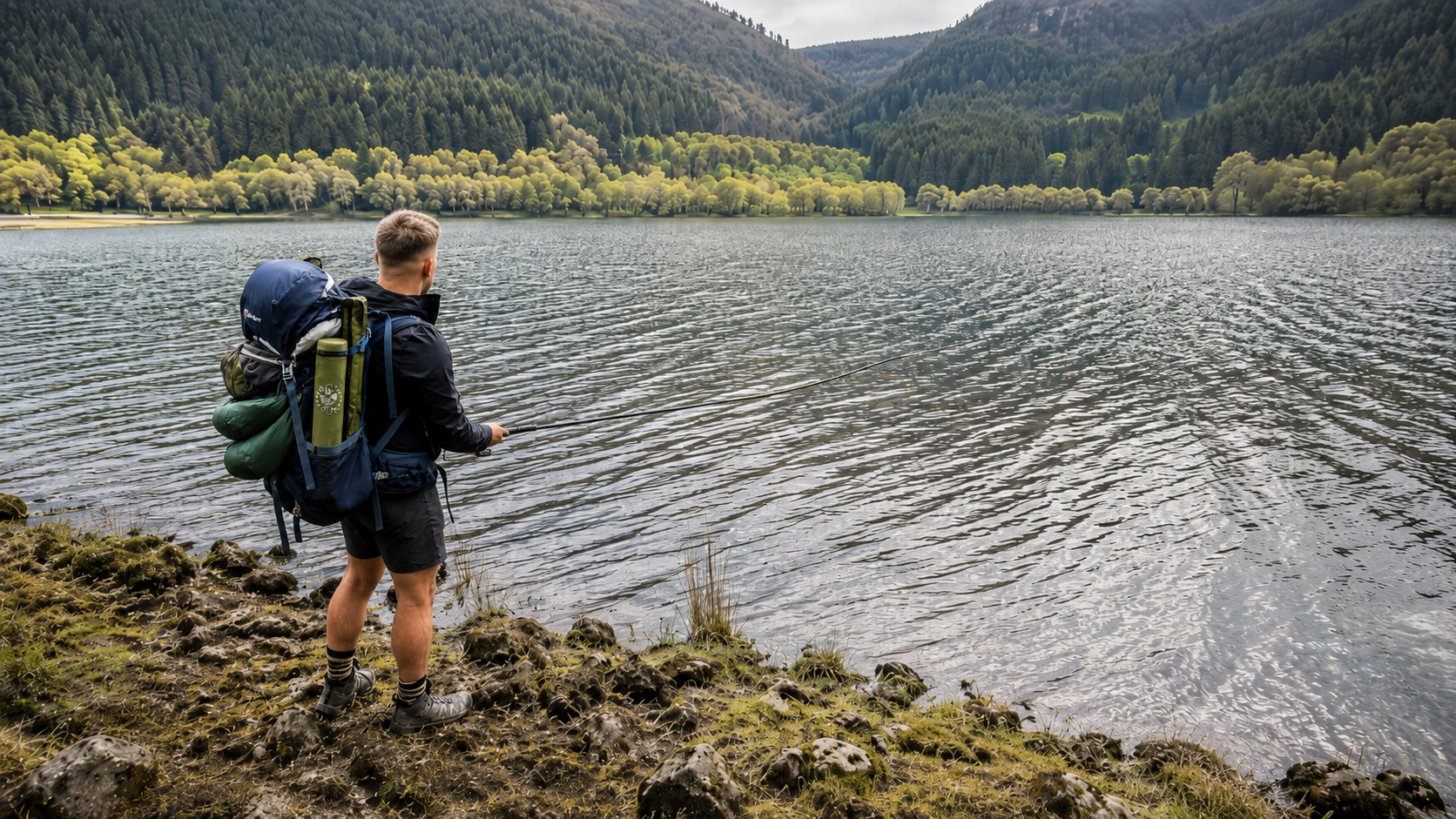 Best Travel Fishing Rods - Close documentary photograph of an angler's hands extending a telescopic fishing Backpacker with a loaded rucksack fishes a forest-lined lake using a light travel rod