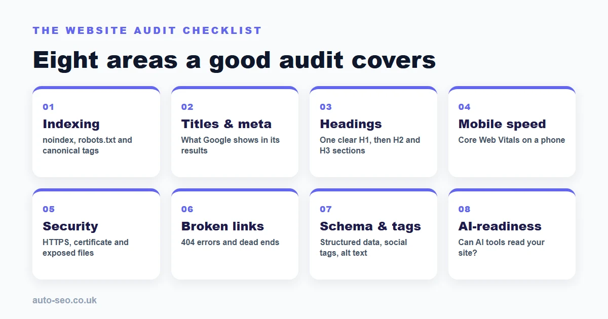 Website audit checklist: indexing, titles and meta, headings, mobile speed, security, broken links, schema and AI-readiness